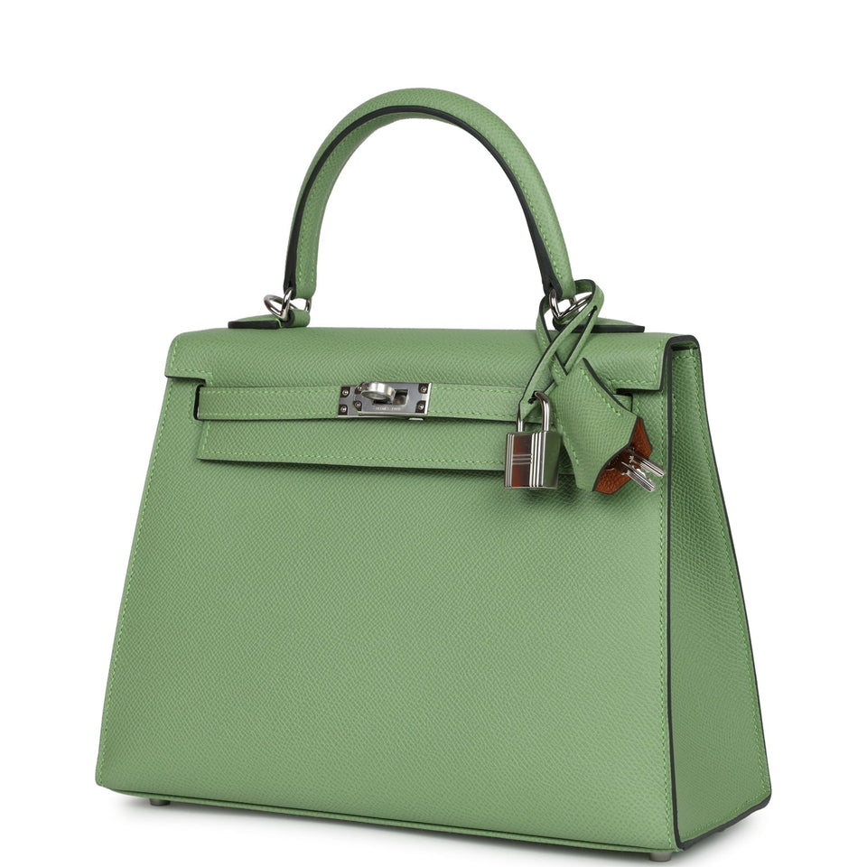 Hermes Special Order (HSS) Kelly Sellier 25 Vert Criquet Verso Epsom Palladium Hardware