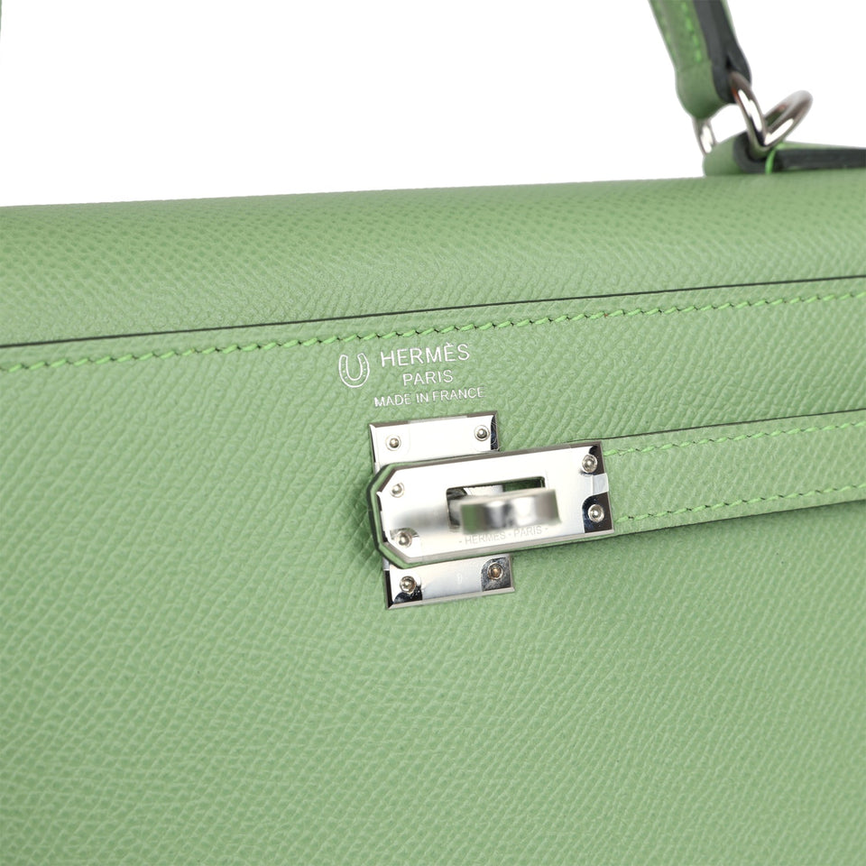 Hermes Special Order (HSS) Kelly Sellier 25 Vert Criquet Verso Epsom Palladium Hardware