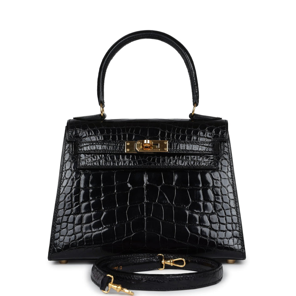 Hermes Kelly Sellier 20 Black Shiny Alligator Gold Hardware
