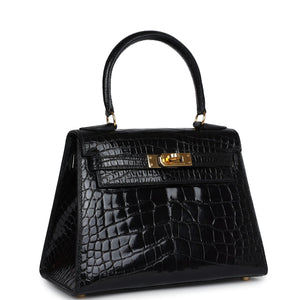 Hermes Kelly Sellier 20 Black Shiny Alligator Gold Hardware