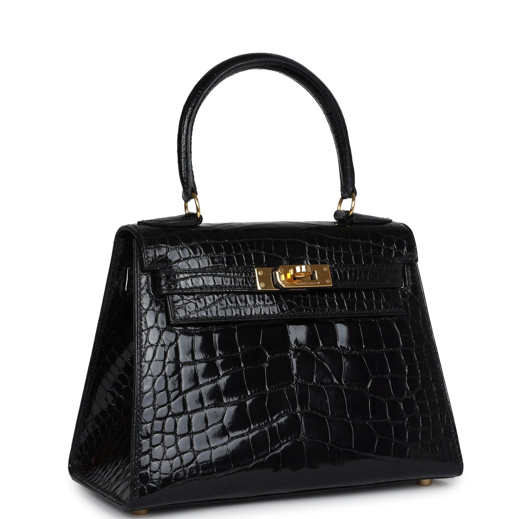 Hermes Kelly Sellier 20 Black Shiny Alligator Gold Hardware