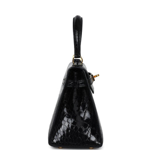 Hermes Kelly Sellier 20 Black Shiny Alligator Gold Hardware