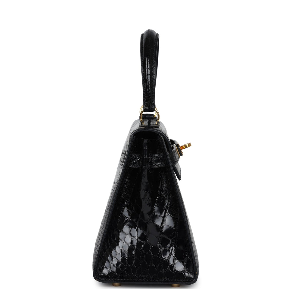 Hermes Kelly Sellier 20 Black Shiny Alligator Gold Hardware