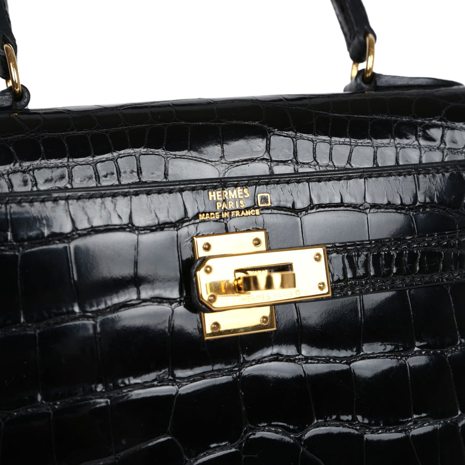 Hermes Kelly Sellier 20 Black Shiny Alligator Gold Hardware