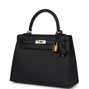 Hermes Kelly Sellier 25 Black Epsom Gold Hardware
