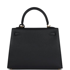 Hermes Kelly Sellier 25 Black Epsom Gold Hardware