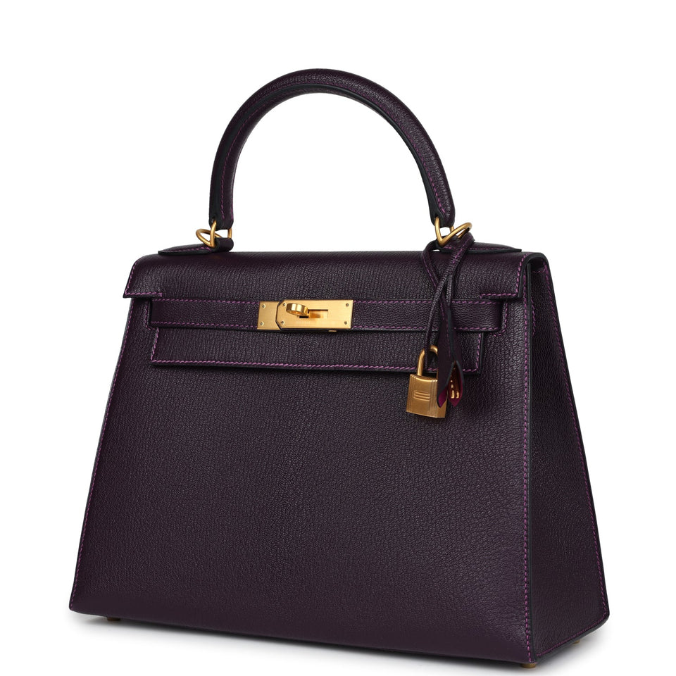 Hermes Special Order (HSS) Kelly Sellier 28 Raisin Verso Chevre Brushed Gold Hardware
