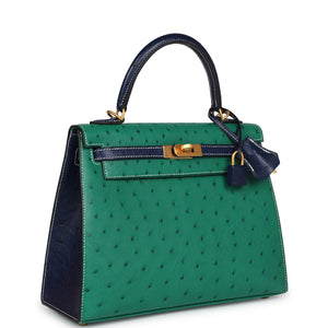 Hermes Special Order (HSS) Kelly Sellier 25 Vert Vertigo and Bleu Iris Ostrich Brushed Gold Hardware