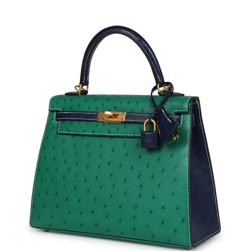 Hermes Special Order (HSS) Kelly Sellier 25 Vert Vertigo and Bleu Iris Ostrich Brushed Gold Hardware