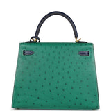 Hermes Special Order (HSS) Kelly Sellier 25 Vert Vertigo and Bleu Iris Ostrich Brushed Gold Hardware