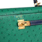 Hermes Special Order (HSS) Kelly Sellier 25 Vert Vertigo and Bleu Iris Ostrich Brushed Gold Hardware