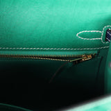 Hermes Special Order (HSS) Kelly Sellier 25 Vert Vertigo and Bleu Iris Ostrich Brushed Gold Hardware