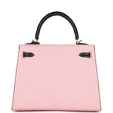 Hermes Special Order (HSS) Kelly Sellier 25 Rose Sakura and Black Chevre Mysore Brushed Gold Hardware