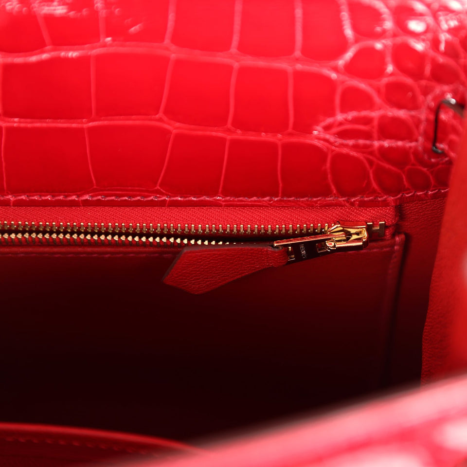 Hermes Kelly 25 Sellier Braise Shiny Alligator Mississippiensis Gold Hardware