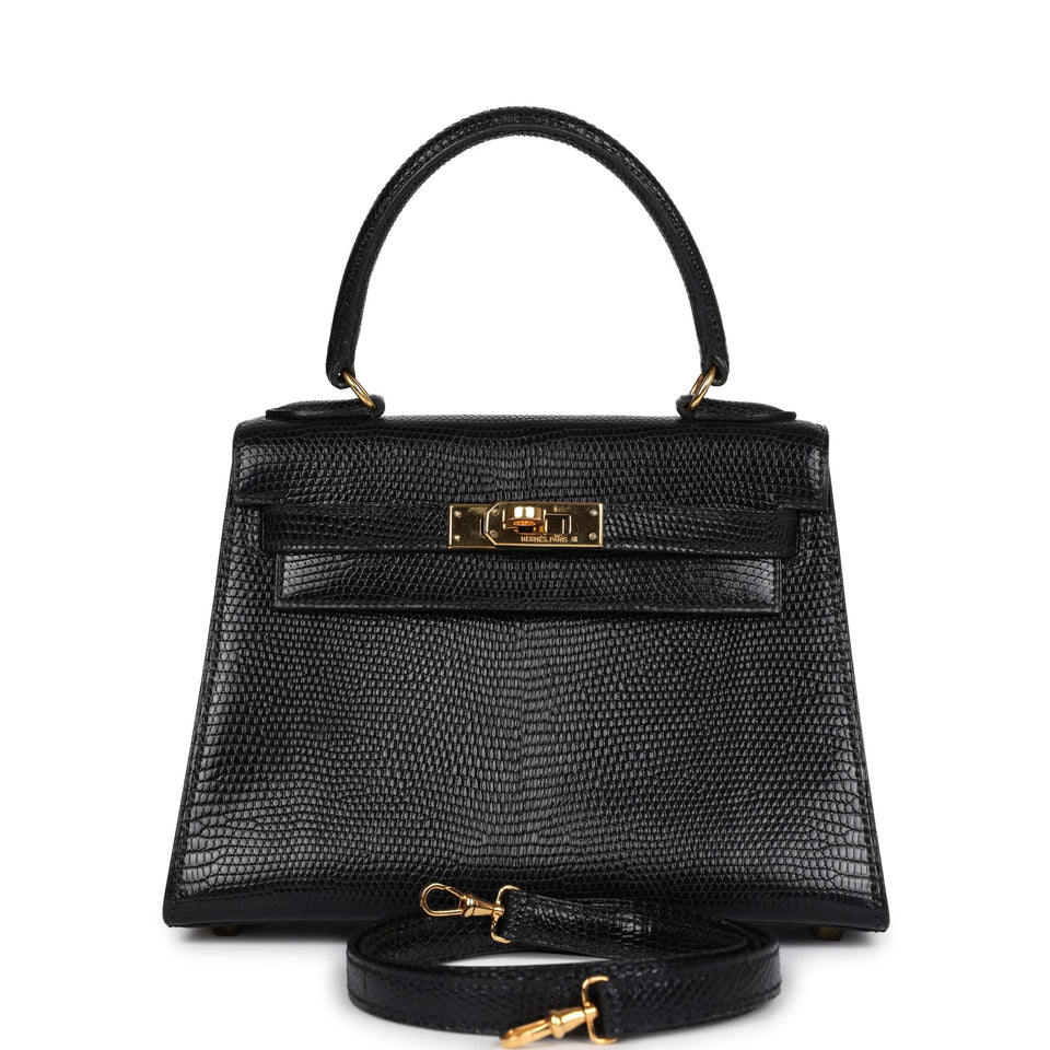 Hermes Kelly Sellier 20 Black Varanus Salvator Lizard Gold Hardware