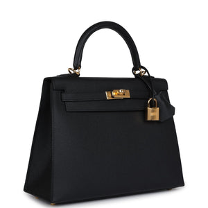 Hermes Kelly Sellier 25 Black Epsom Gold Hardware