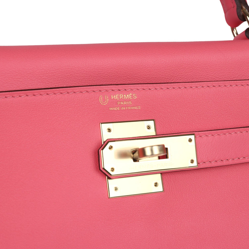Hermes Special Order (HSS) Kelly Retourne 28 Rose Azalee and Vert Vertigo Swift Gold Hardware
