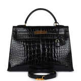 Hermes Kelly Sellier 32 Black Shiny Alligator Gold Hardware