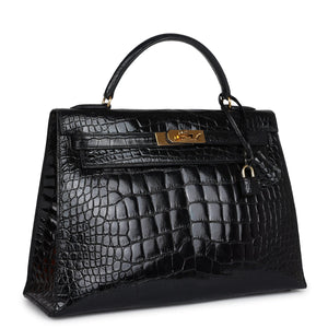 Hermes Kelly Sellier 32 Black Shiny Alligator Gold Hardware