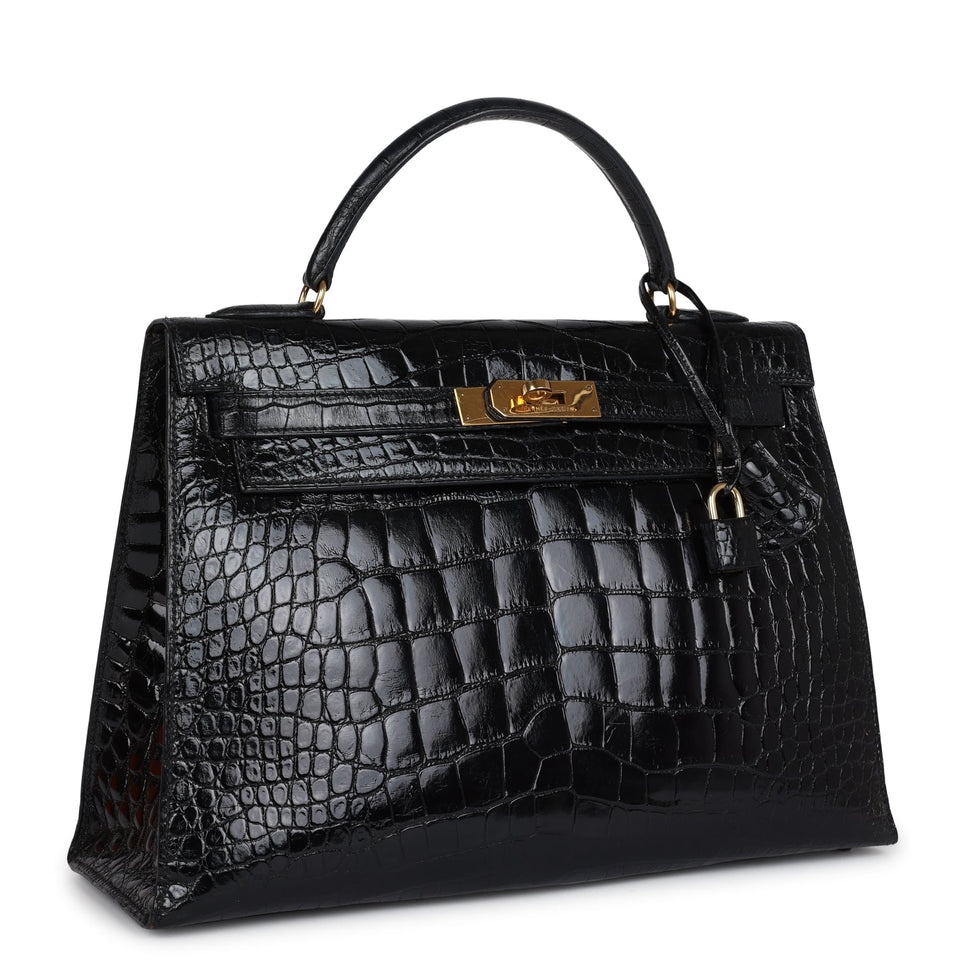 Hermes Kelly Sellier 32 Black Shiny Alligator Gold Hardware