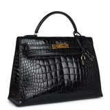 Hermes Kelly Sellier 32 Black Shiny Alligator Gold Hardware