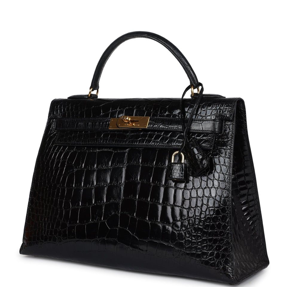 Hermes Kelly Sellier 32 Black Shiny Alligator Gold Hardware