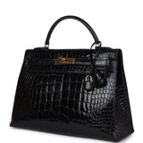Hermes Kelly Sellier 32 Black Shiny Alligator Gold Hardware