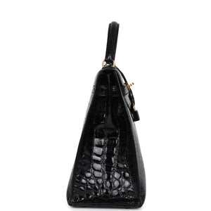 Hermes Kelly Sellier 32 Black Shiny Alligator Gold Hardware