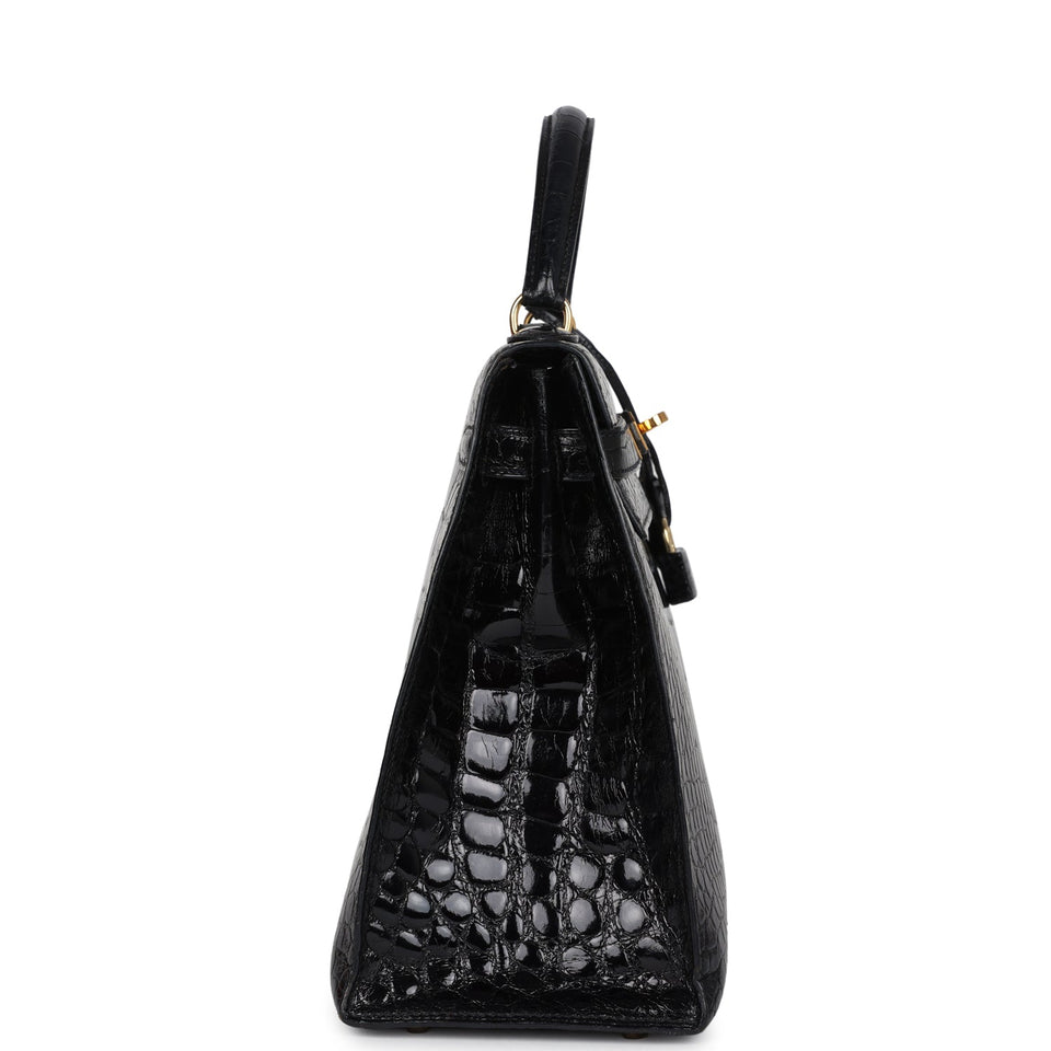 Hermes Kelly Sellier 32 Black Shiny Alligator Gold Hardware