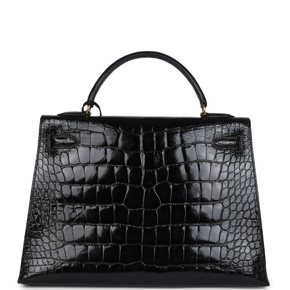 Hermes Kelly Sellier 32 Black Shiny Alligator Gold Hardware