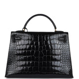 Hermes Kelly Sellier 32 Black Shiny Alligator Gold Hardware