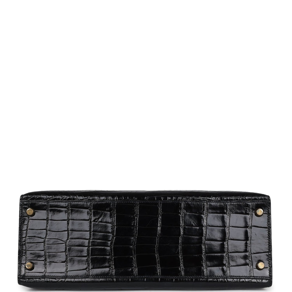 Hermes Kelly Sellier 32 Black Shiny Alligator Gold Hardware