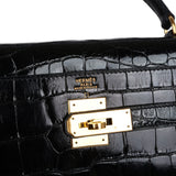 Hermes Kelly Sellier 32 Black Shiny Alligator Gold Hardware