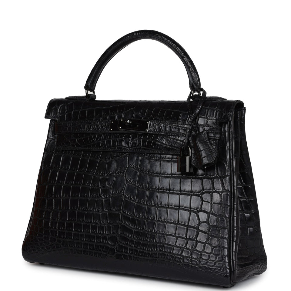 Hermes Kelly Retourne 32 SO Black Matte Niloticus Crocodile Black Hardware