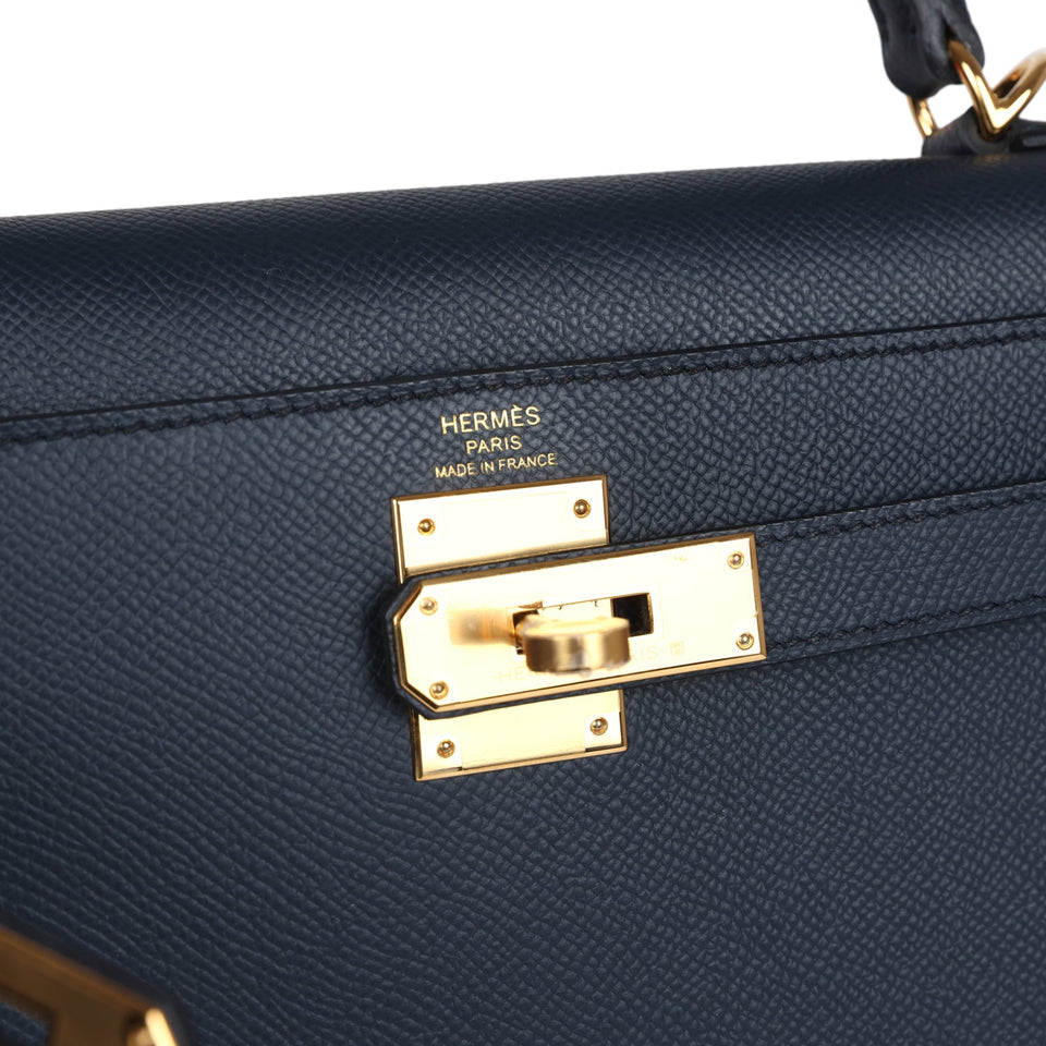 Hermes Kelly Sellier 28 Bleu Indigo Epsom Gold Hardware