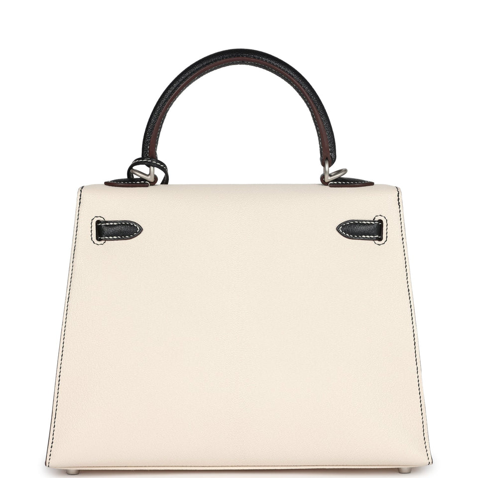 Hermes Special Order (HSS) Kelly Sellier 25 Nata and Black Chevre Mysore Brushed Palladium Hardware