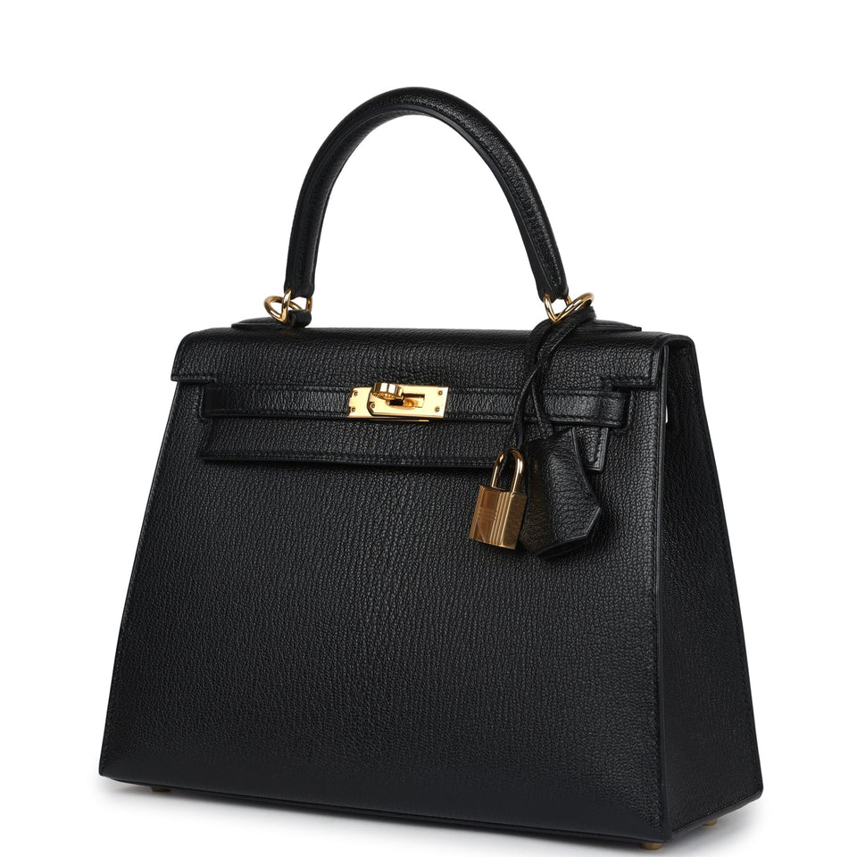 Hermes Kelly Sellier 25 Black Chevre Mysore Gold Hardware