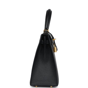 Hermes Kelly Sellier 25 Black Chevre Mysore Gold Hardware