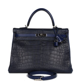 Hermes Kelly Retourne 35 Bleu Indigo Matte Alligator and Bleu Saphir Swift and Clemence Palladium Hardware