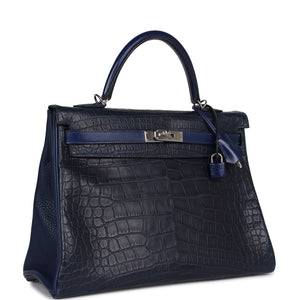 Hermes Kelly Retourne 35 Bleu Indigo Matte Alligator and Bleu Saphir Swift and Clemence Palladium Hardware