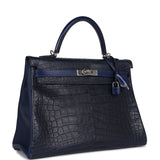 Hermes Kelly Retourne 35 Bleu Indigo Matte Alligator and Bleu Saphir Swift and Clemence Palladium Hardware
