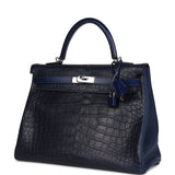 Hermes Kelly Retourne 35 Bleu Indigo Matte Alligator and Bleu Saphir Swift and Clemence Palladium Hardware