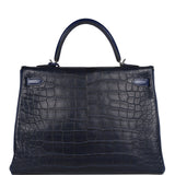 Hermes Kelly Retourne 35 Bleu Indigo Matte Alligator and Bleu Saphir Swift and Clemence Palladium Hardware