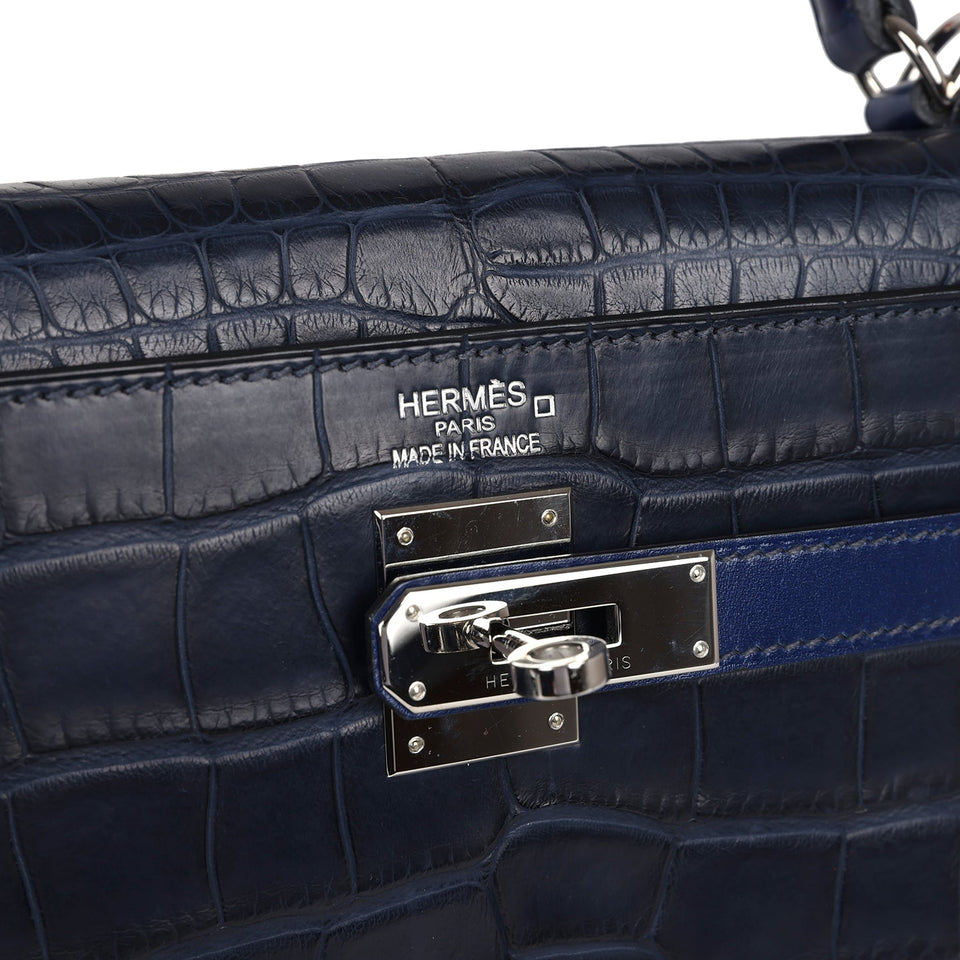 Hermes Kelly Retourne 35 Bleu Indigo Matte Alligator and Bleu Saphir Swift and Clemence Palladium Hardware