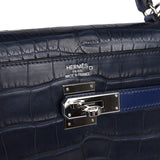 Hermes Kelly Retourne 35 Bleu Indigo Matte Alligator and Bleu Saphir Swift and Clemence Palladium Hardware