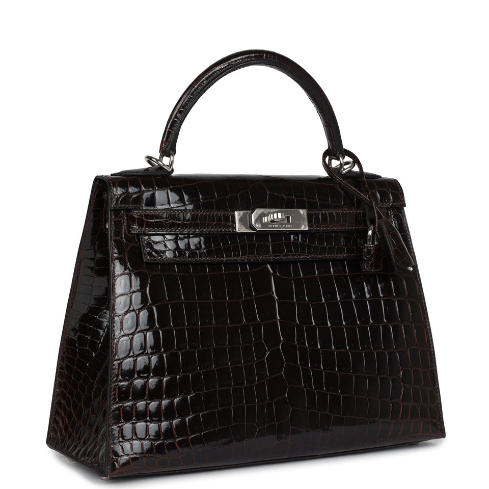 Hermes Kelly Sellier 28 Cocoan Shiny Niloticus Crocodile Palladium Hardware