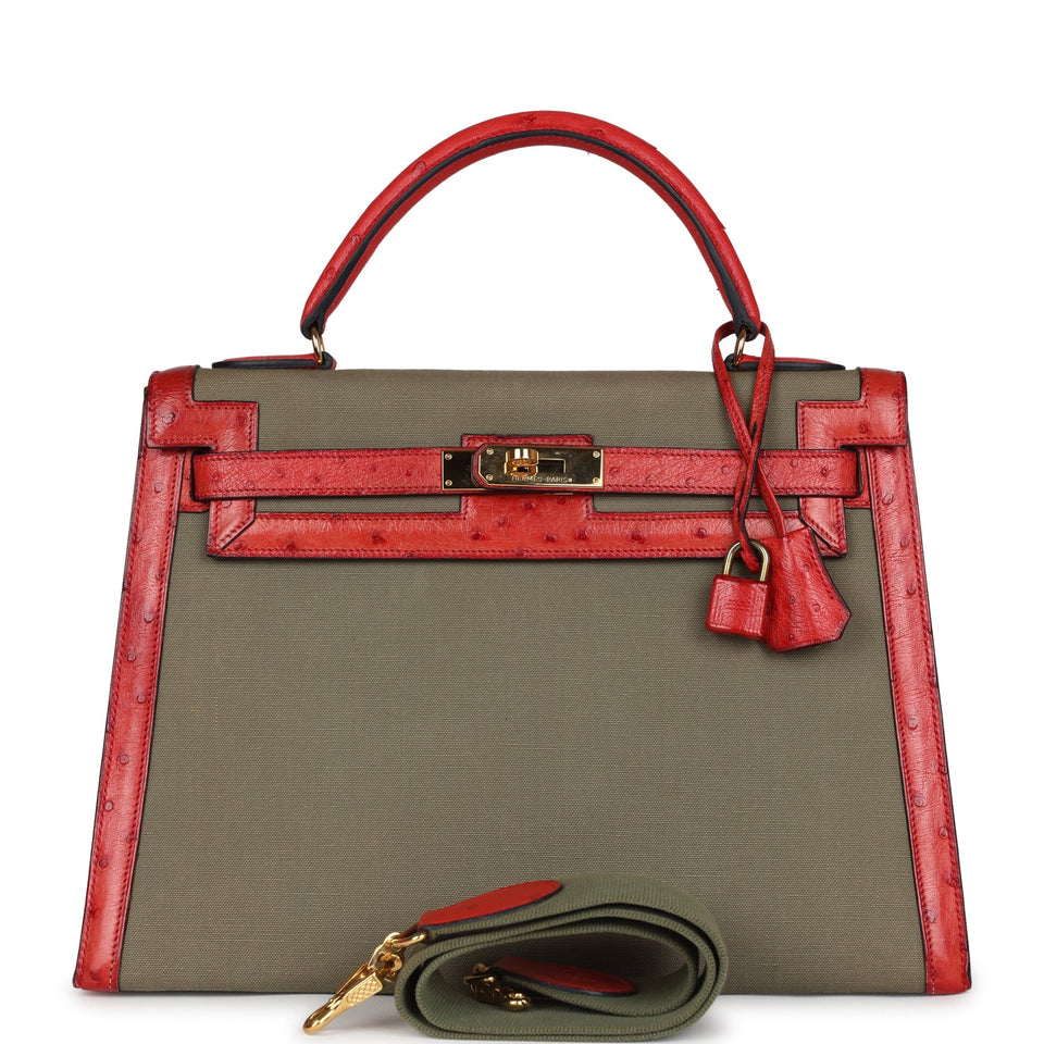 Hermes Kelly Sellier 32 Rouge Vif Ostrich and Vert Olive Officier Canvas Gold Hardware