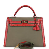 Hermes Kelly Sellier 32 Rouge Vif Ostrich and Vert Olive Officier Canvas Gold Hardware