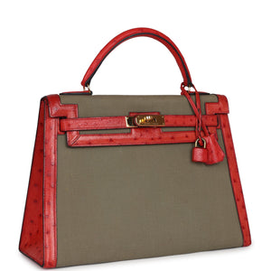 Hermes Kelly Sellier 32 Rouge Vif Ostrich and Vert Olive Officier Canvas Gold Hardware