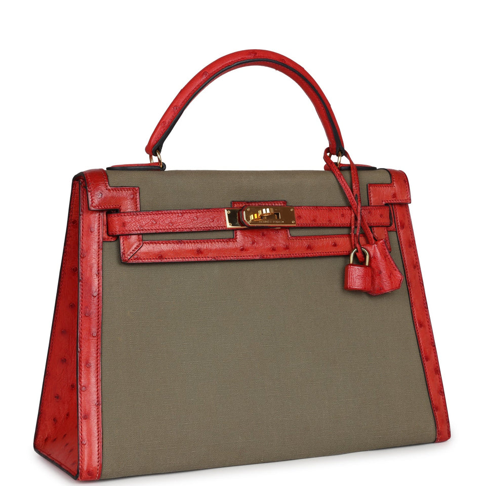 Hermes Kelly Sellier 32 Rouge Vif Ostrich and Vert Olive Officier Canvas Gold Hardware